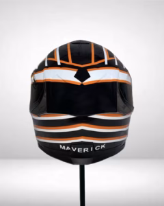Airbrush Helm Lackierung im Maverick Design, KTM Farben. Ansicht hinten.